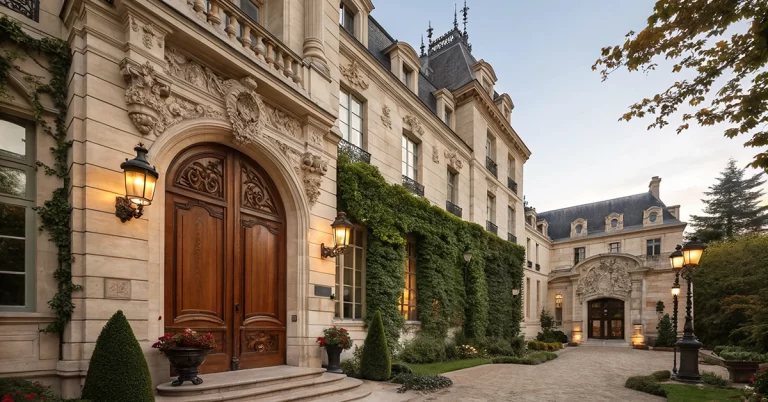 Vstupní brána a exteriér luxusního hotelu s bohatým zdobením