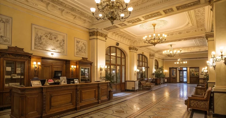 Elegantní hotelová recepce s historickým interiérem a osvětlením