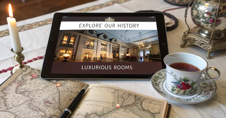 Tablet zobrazující web hotelu s nabídkou luxusních pokojů a šálkem čaje