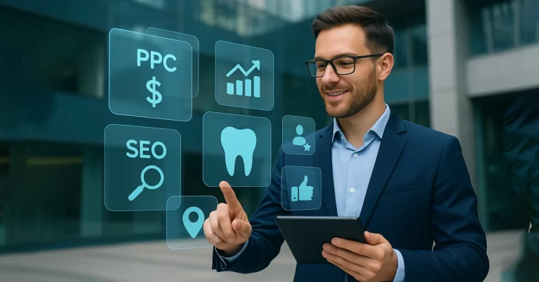 Muž s tabletem vybírá z digitálních marketingových možností jako PPC, SEO a cílení, symbolizující chytrou strategii pro zubní kliniky