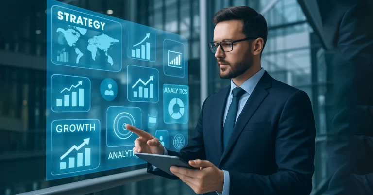 Tým odborníků sleduje růstové grafy a metriky reklamních kampaní na monitorech, znázorňující efektivní reklamní strategii