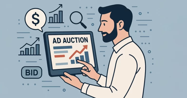 Ilustrace muže analyzujícího online reklamu pro stomatologické kliniky na tabletu, s grafy a ikonami růstu